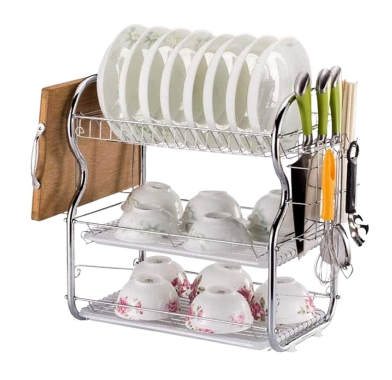 GLJTUO Metal Kitchen Countertop nizer Dish Rack with Vegetable Drying Rack Three layer Kitchen Drain Rack for Utensil Holder and Drainage (Silver A),Silver-A
