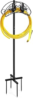 Garden Hose Holder Freestanding Water Hose Holders Detachable Metal Water Hose Reel with 4 Spikers for Outside, Heavy Duty Garden Hose Stand and Storage Rack for Yard Lawn, Black