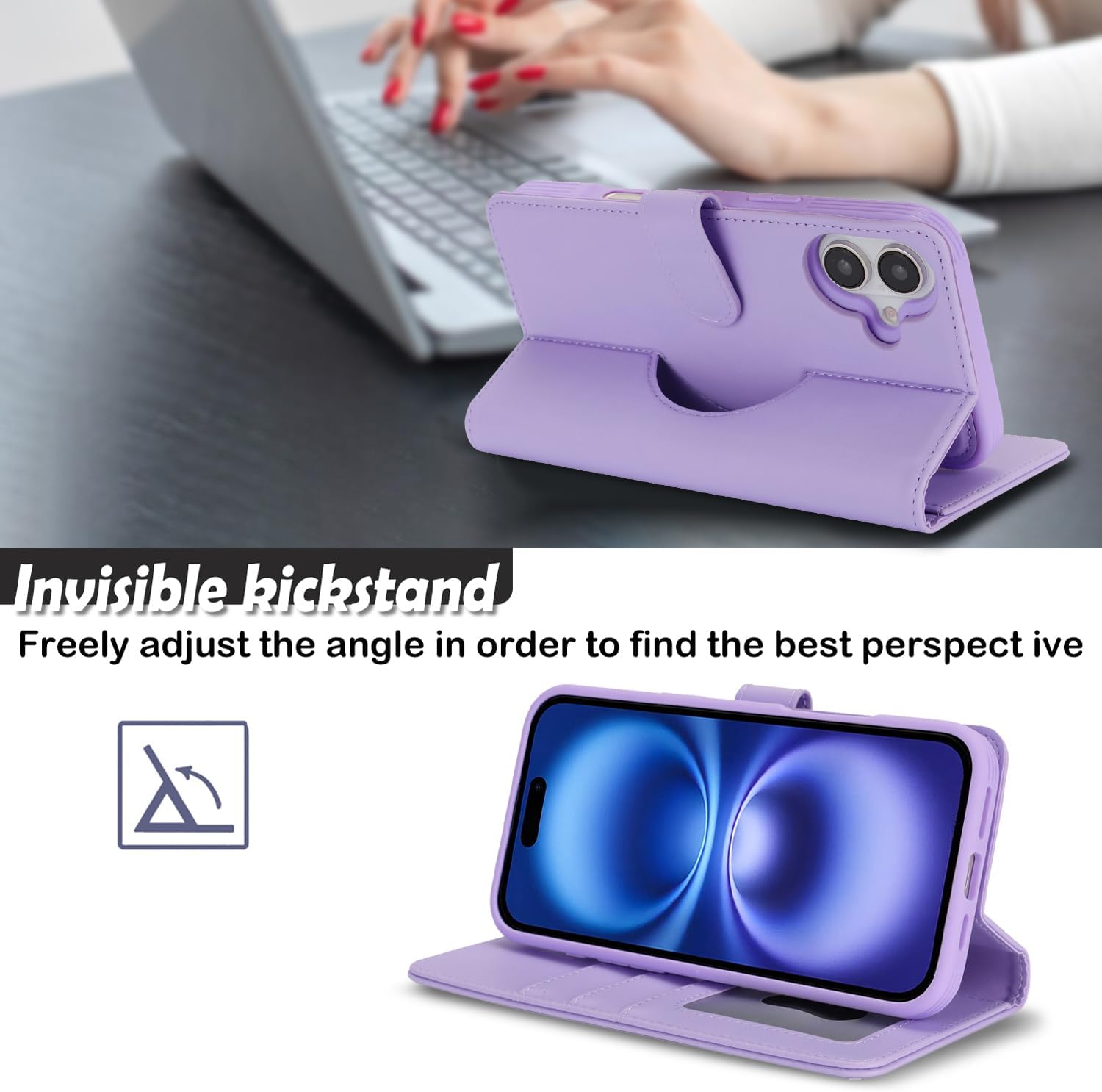 Ｈａｖａｙａ for iPhone 16 Case Detachable Wallet Case with Card Holder，2 in 1 Pu Leather Flip Folio Credit Card Slots Stand Compatible Magsafe Magnetic Shockproof Phone Cover (6.1")-Purple