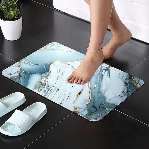 Miniatura 3 de IMAYONDIA Tapete de baño de tierra de diatomeas, color azul y blanco, con líneas doradas, suave, sin arrugas, antideslizante, súper absorbente, de