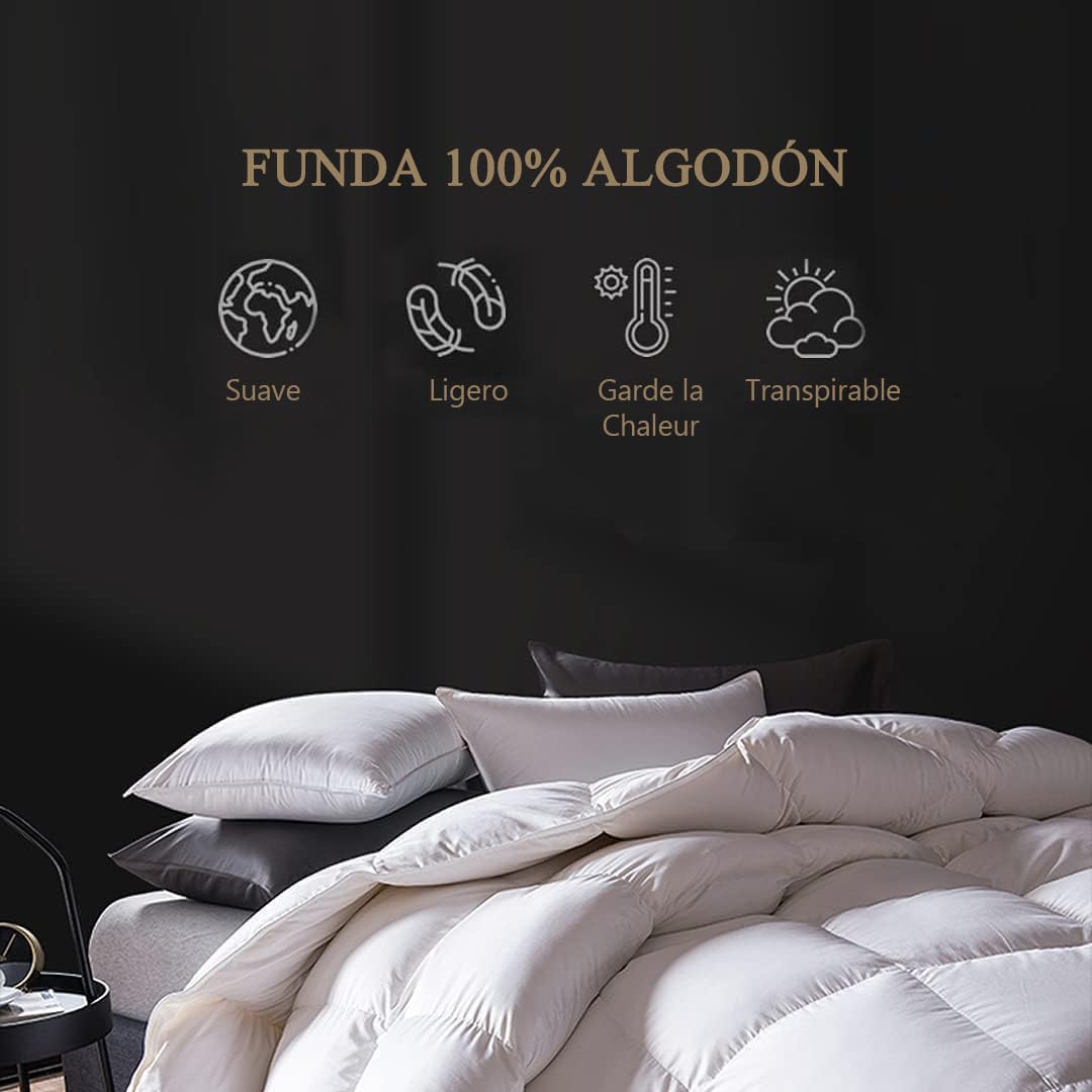 DWR Edredón Nórdico Cama 90-155x220 cm, Relleno Nórdico Verano de Plumas y Plumón, Edredón Ultra Ligero,180 g/m²,100% Algodón Orgánico, Certificado Oeko-Tex y RDS, Blanco Marfil.