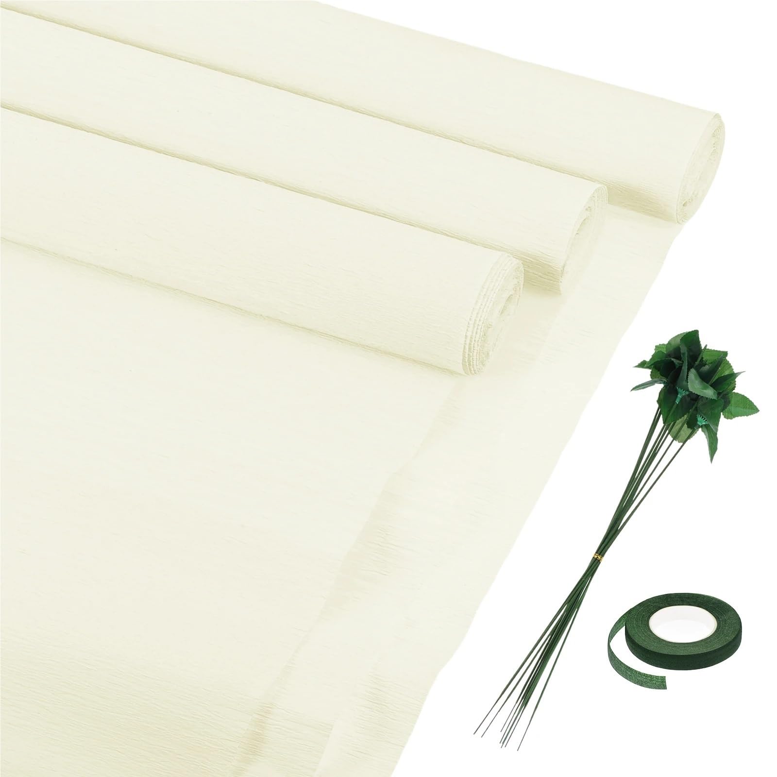 Rouleaux De Papier Crepon Rouleau de Papier crépon 6 pièces avec Tige Florale et Rubans Floraux Verts for cérémonie de Mariage et décoration de Divers Grands Festivals(Milky White)