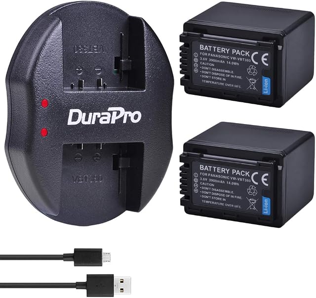 DuraPro 2Pcs 3900mAh VW-VBT380 VBT380 Battery + Micro Dual USB Charger for Panasonic VW-VBT380 VW-VBT190;Panasonic HC-V180 V210 V250 V380 V500 V707 V727 V750 V770 VX870 VXF999 W850 WX970 Cameras