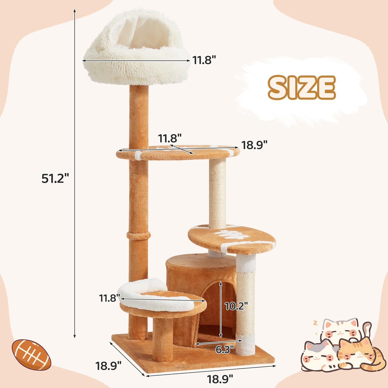 Erinnyees 51" Football Cat Tree Tower for Indoor Cats, Game Day Sports Themed Cat Condo with Sisal Scratching Posts & Hammock, Unique Pet Furniture Gifts for Fans