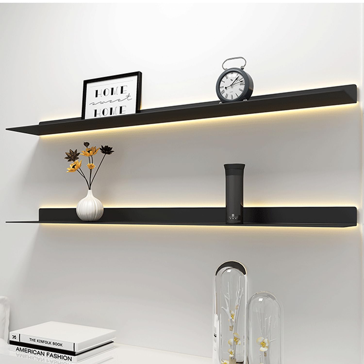 Generico Mensole galleggianti, mensole galleggianti Invisibili con luci a LED, 2 mensole sospese in Metallo con Bordo rialzato, mensole da Parete Lunghe per Arredamento Bagno, espositore Illuminato p