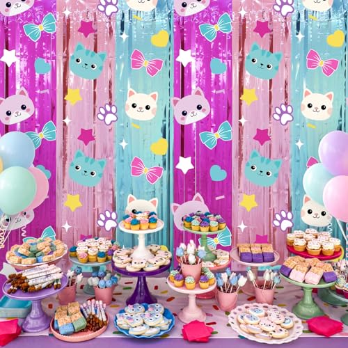 Image of Tiamon 2 Pack Cat Dollhouse Party Decorations 3.3 x 6.6 Ft Foil Fringe Curtains Cute Cat Birthday Backdrop Tinsel Streamers Photo Booth for Cartoon Doll House Baby Shower Birthday Party Supplies