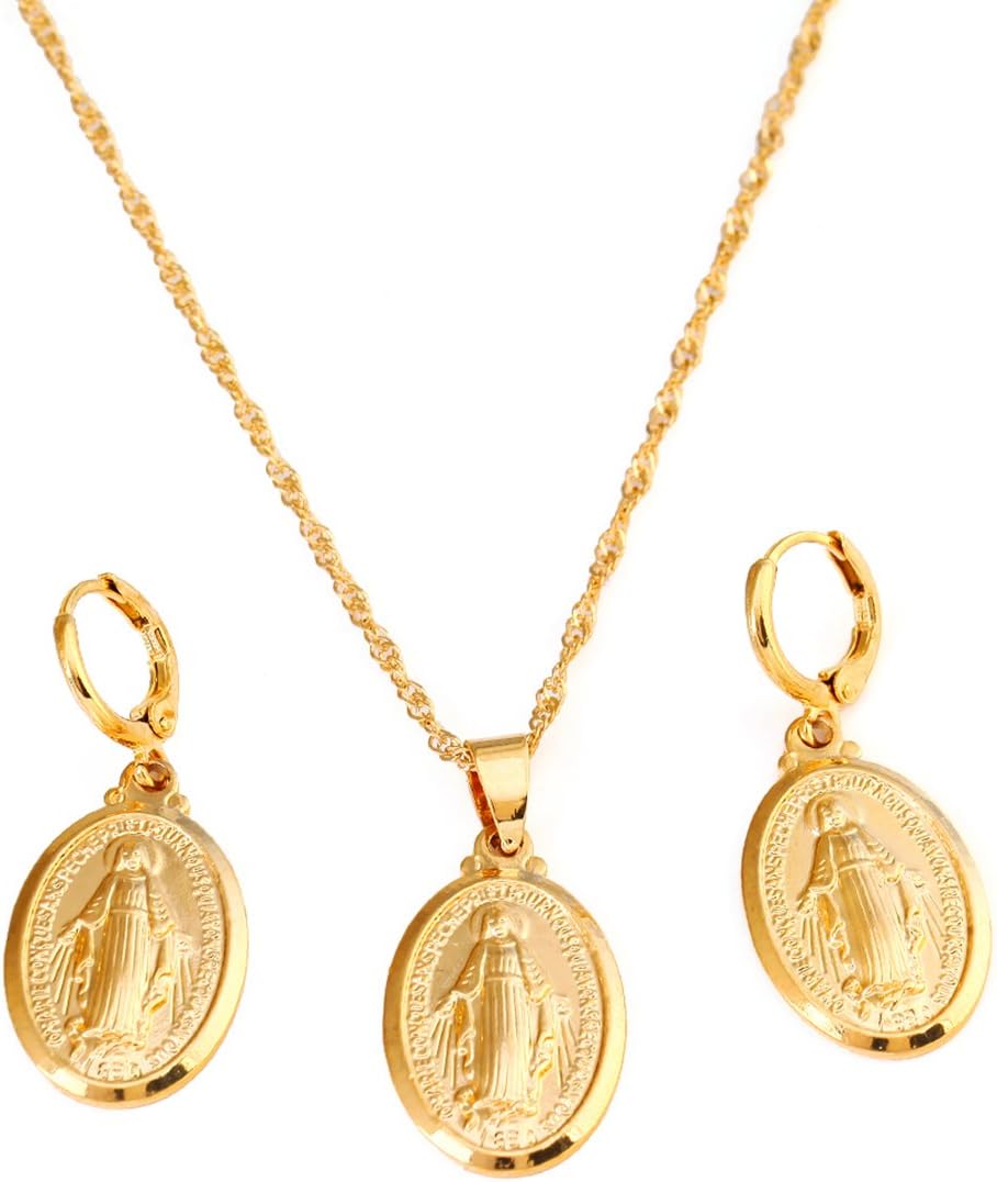 18K Gold Plated Virgin Mary Pendant Necklace Earring Set Religious Jewelry