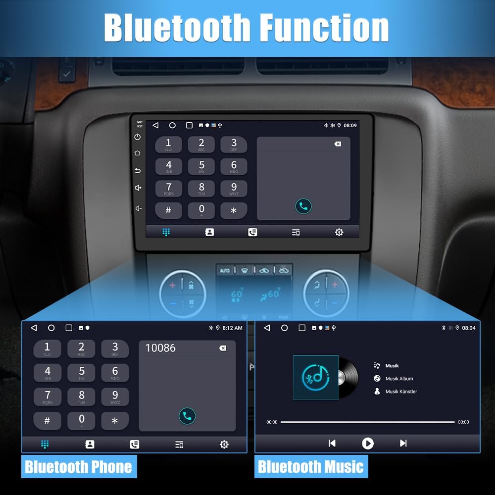 AWESAFE Car Radio Stereo screen displaying a phone dial pad for Bluetooth calls and a music player interface for Bluetooth audio streaming.