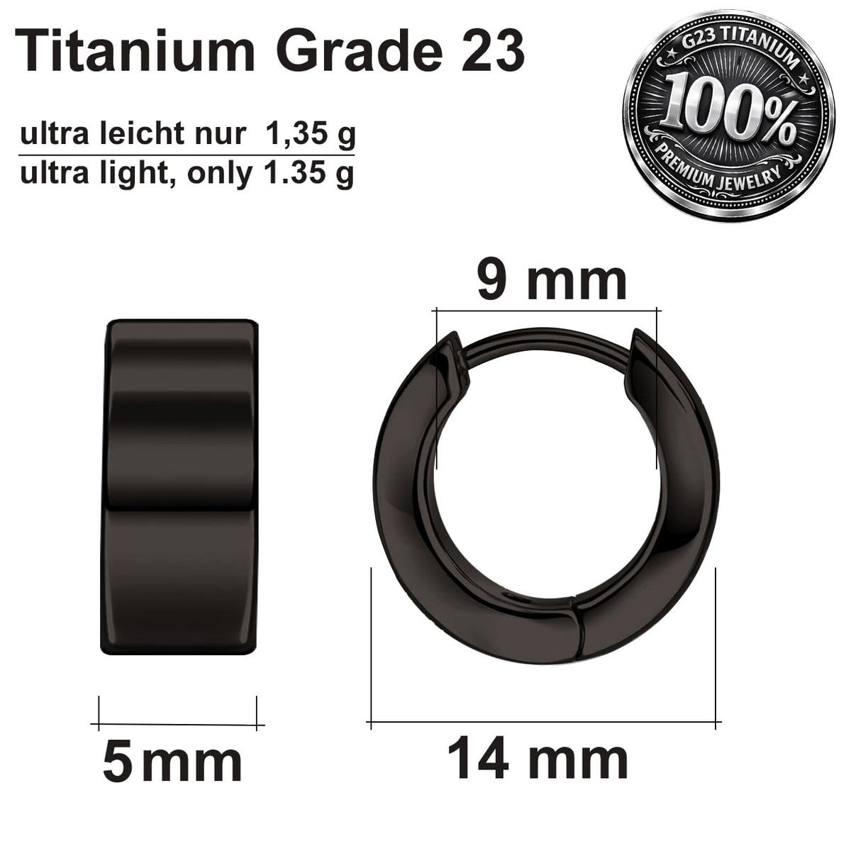 Soul-Cats Pendientes de aro G23 de titanio con bisagra en negro: pendientes unisex ultraligeros para mujer y hombre