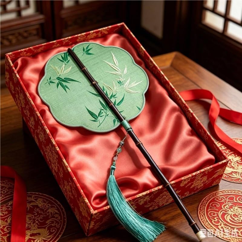 Chinese Embroidery Palace Fan Long Handle Ancient Tassel Round Shooting Elegant Traditional Hand Decor Gift