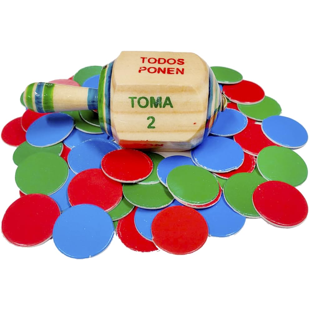 Wooden Pirinola Toma Todo with Chips - Set of 1 Handmade and Hand Painted 3.5 Inches Tall Wood Spinning Tops Traditional Game in Spanish (Deluxe)