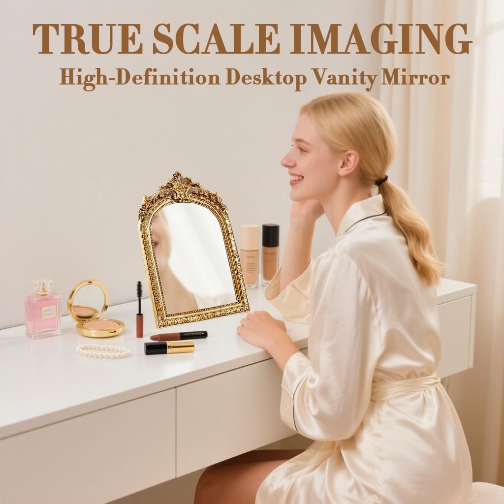 YUSONG Vintage Makeup Mirror for Tabletop - 8" Antique Gold Arched Desk Mirrors with Resin Frame Vanity Table Mirror for Bedroom Living Room Retro Decor
