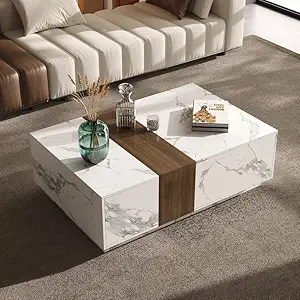 KOHINOOR DECOR Wood Block Coffee Table Marble Laminate & Walnut Veneer in White with 2 Drawers