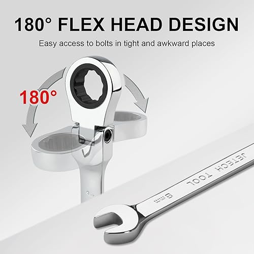 Miniatura 5 de Jetech Llave de trinquete de cabeza flexible de 0.315 in, acero Cr-V de grado industrial, 12 puntos, diseño de esquina, trinquete de 72 dientes,