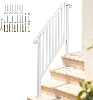 VINGLI Handrails for Outdoor Steps, Stair Handrail Fits 1 to 4 Steps, Wrought Iron Hand Rail Stair Railing Kit for Concrete Steps, Porch Steps or Wooden Steps (White, 3 to 4 Steps)