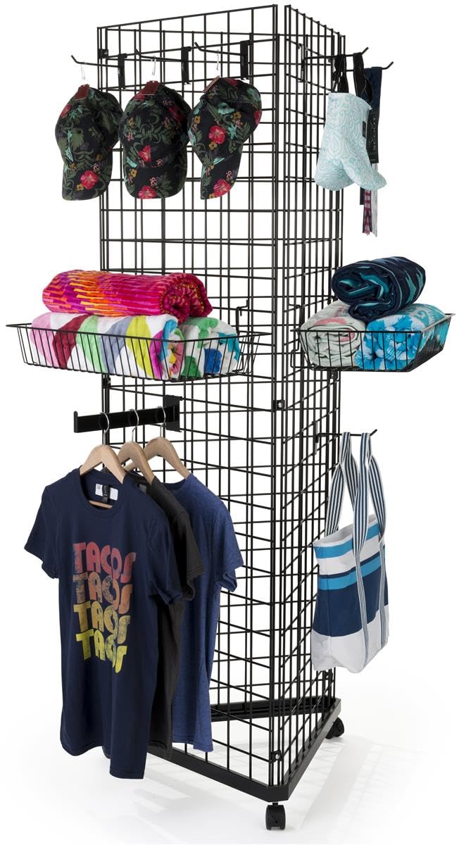 Only Garment Racks #1945B(1) + #1900B(3) + #1904B(9) Black Triangle Grid Tower with Casters