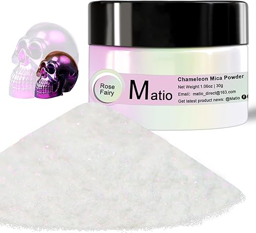 Matio Polvo de mica camaleón, 1.06 onzas1.06 oz de polvo de cromo blanco de hada rosa, pigmento de cambio de color con efecto nacarado para