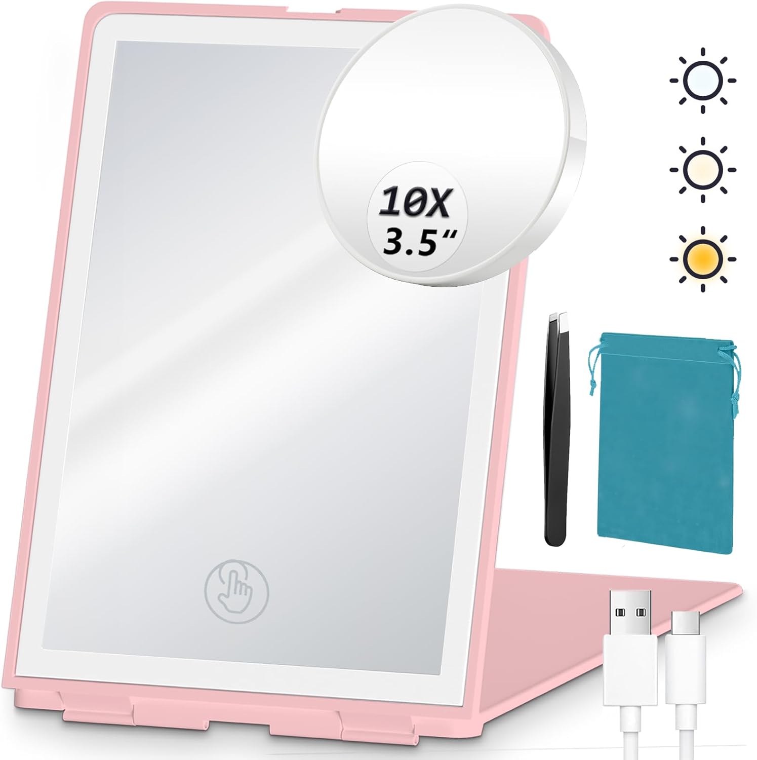 Travel Lighted Makeup Mirror with 10X Magnifying Mirror&Tweezer, Rechargeable Portable Compact Mirrors with 72 LED Lights 3 Color Light Modes, LED Makeup Dimmable Touch Screen Mirrors-Pink01