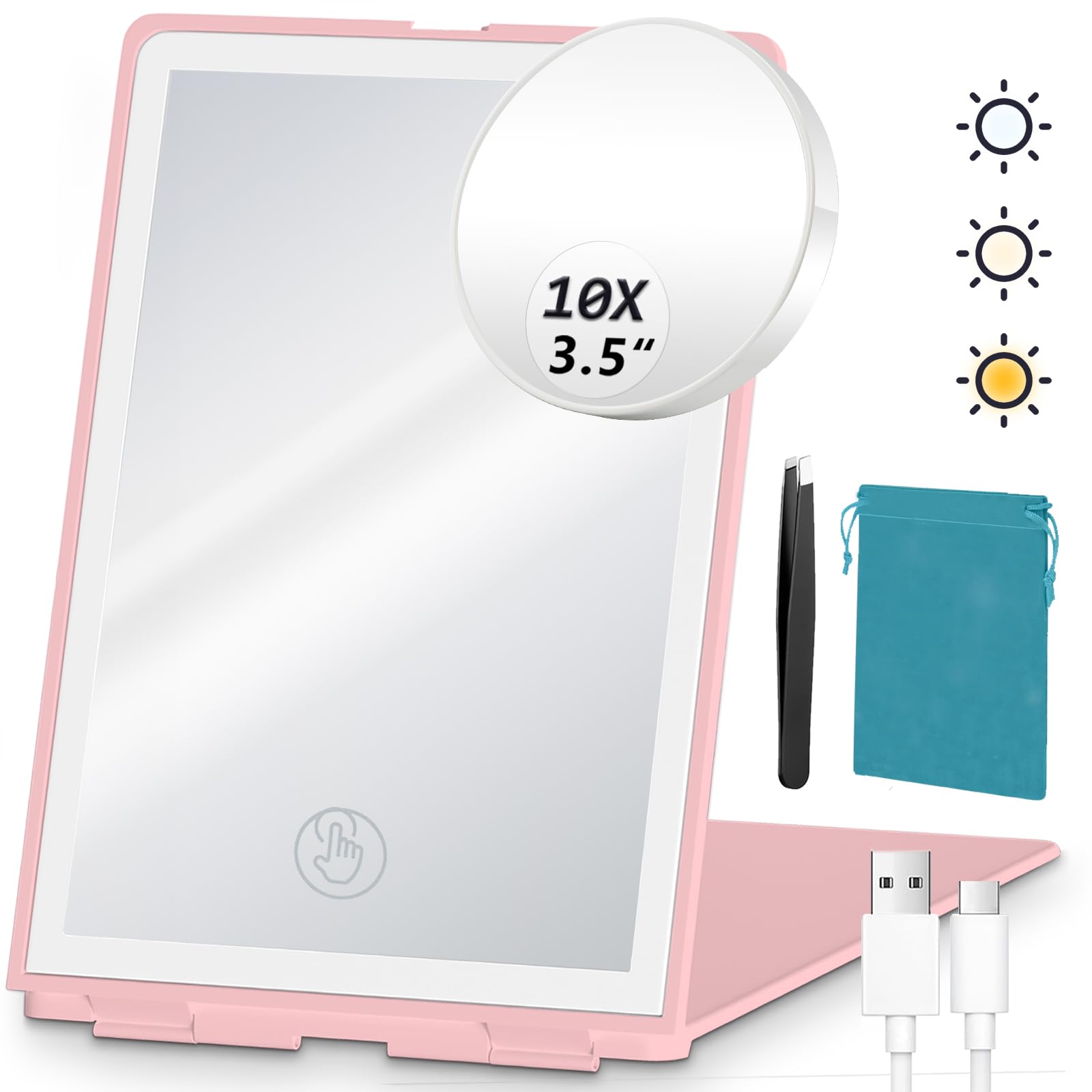 Miroir de maquillage lumineux de voyage LED avec miroir grossissant 10x rechargeable portable