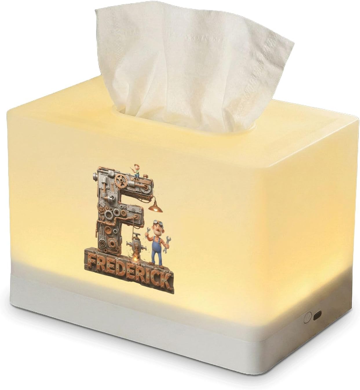 Personalized Night Light Tissue Box Cover, Custom Name and Steampunk Initial, Rechargeable LED Lamp for Kids Bedroom Decor