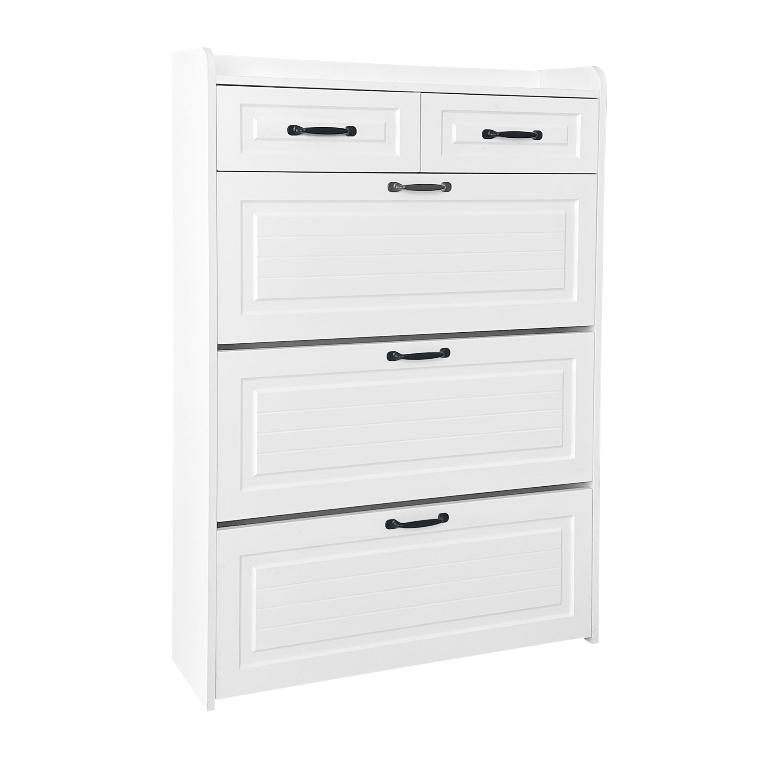 Goeria Zapatero con Zapatero Giratorio, 3 Estantes Giratorios, 2 Cajones, Madera, Blanco, 80L x 120H x 23.5B, Adecuado para Zonas de Entrada y Salón