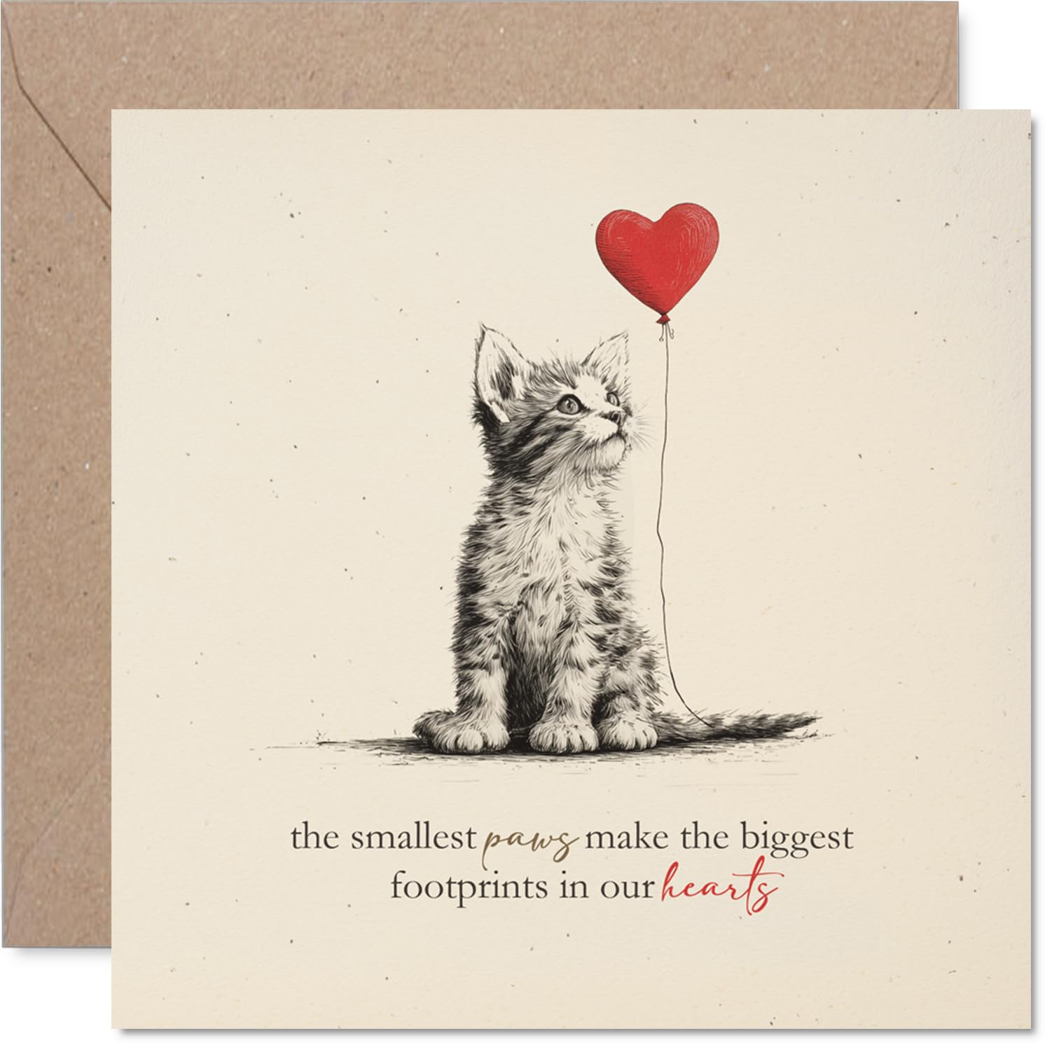 Sentimental Sympathy Card - Gentle Comfort for Tough Times - Illustrated Kitten Gazing at a Red Heart Balloon - 145mm Square, Envelope Included