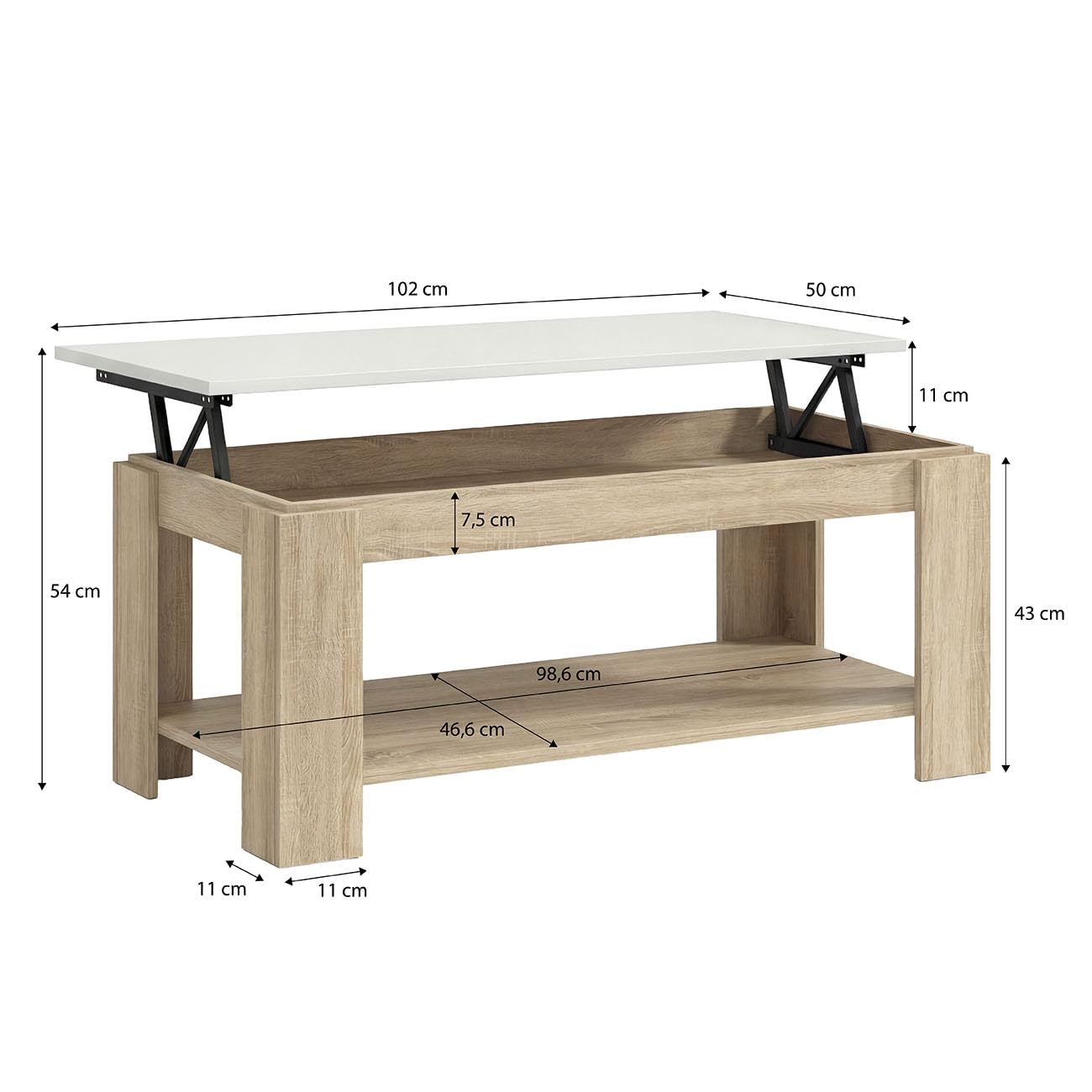 duehome | Mesa de Centro Elevable, Mesa Auxiliar, Modelo LYA, Acabado en Color Roble Canadian y Blanco Artik, Medidas: 102 cm (Largo) x 50 cm (Ancho) x 43-54 cm (Alto)
