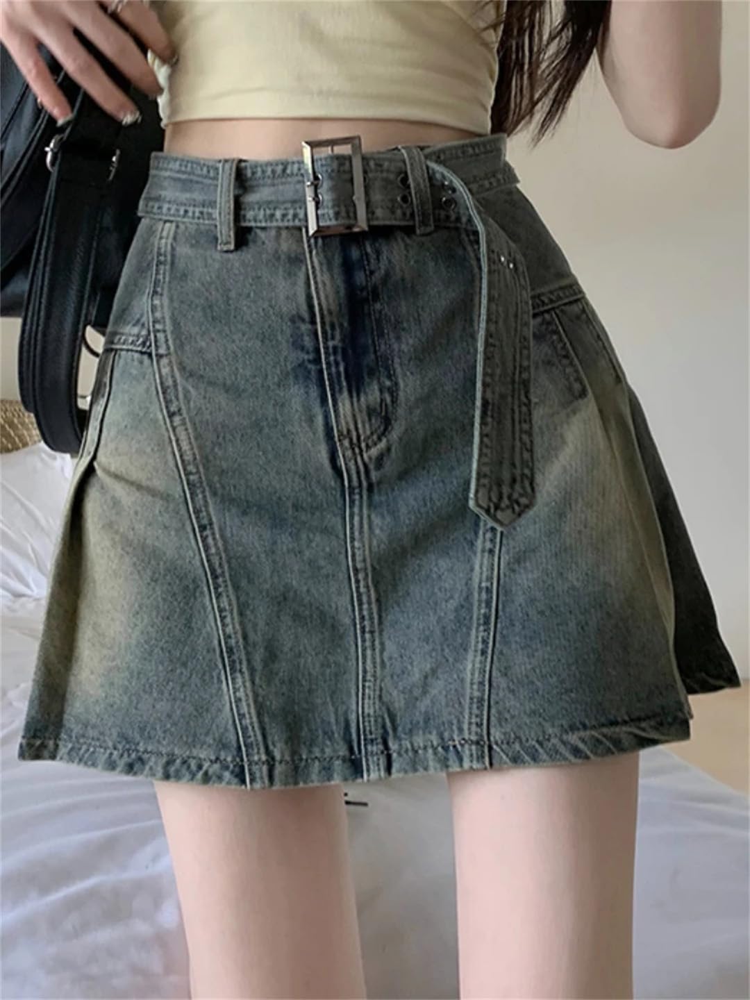 Gonna da donna a vita alta, linea a trapezio, stile vintage, con fusciacche in denim, streetwear