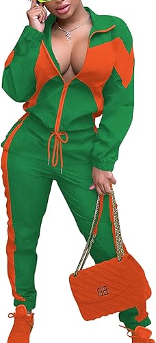 Tinodu Conjunto de 2 piezas de bloque de color para mujer conjunto de manga larga con cremallera completa pantalones de cintura alta conjunto