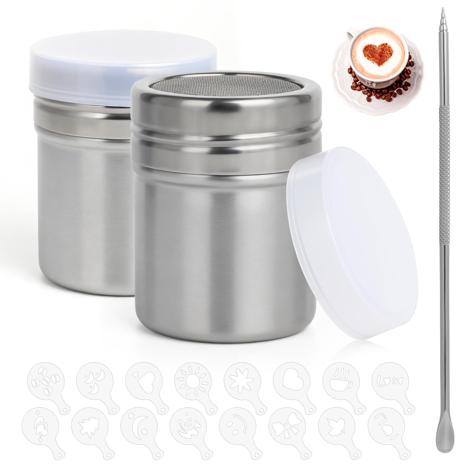 2PCS Chocolate Shaker for Cappuccino, Cocoa Powder & Flour Shaker with Lid