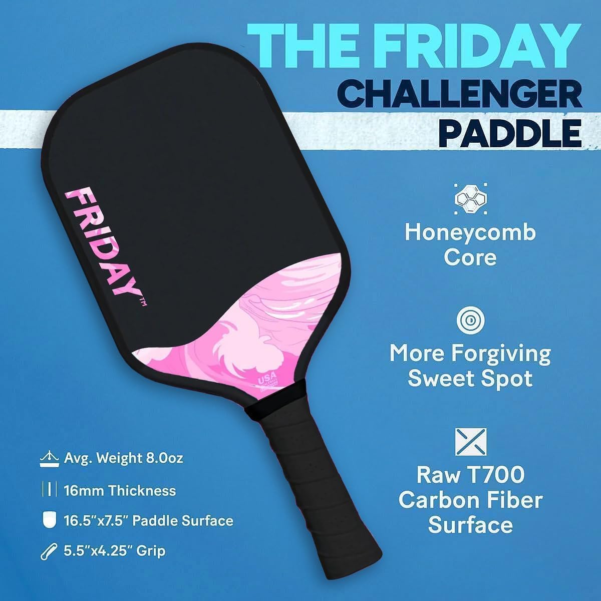 Challenger Friday Paddle, Two Layer T700 Raw Carbon Fiber, Foam Injected Walls, USAP Approved, Honeycomb Core, Tennis Style Grip, Gritty Surface for Spin