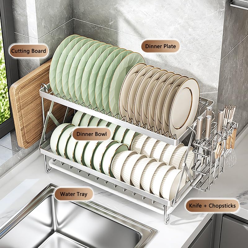 Escurreplatos, Organizador De Cocina De Doble Capa con Escurridor, Escurridor de Platos De Gran Capacidad Y Estante De Almacenamiento para Barras De Cocina