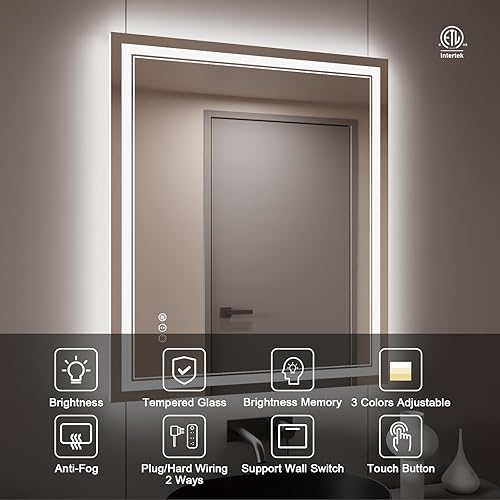 Miniatura 2 de Espejo LED de 20 x 28 pulgadas con parte delantera y retroiluminada, espejo de tocador con luz LED regulable para pared de baño, espejo antivaho
