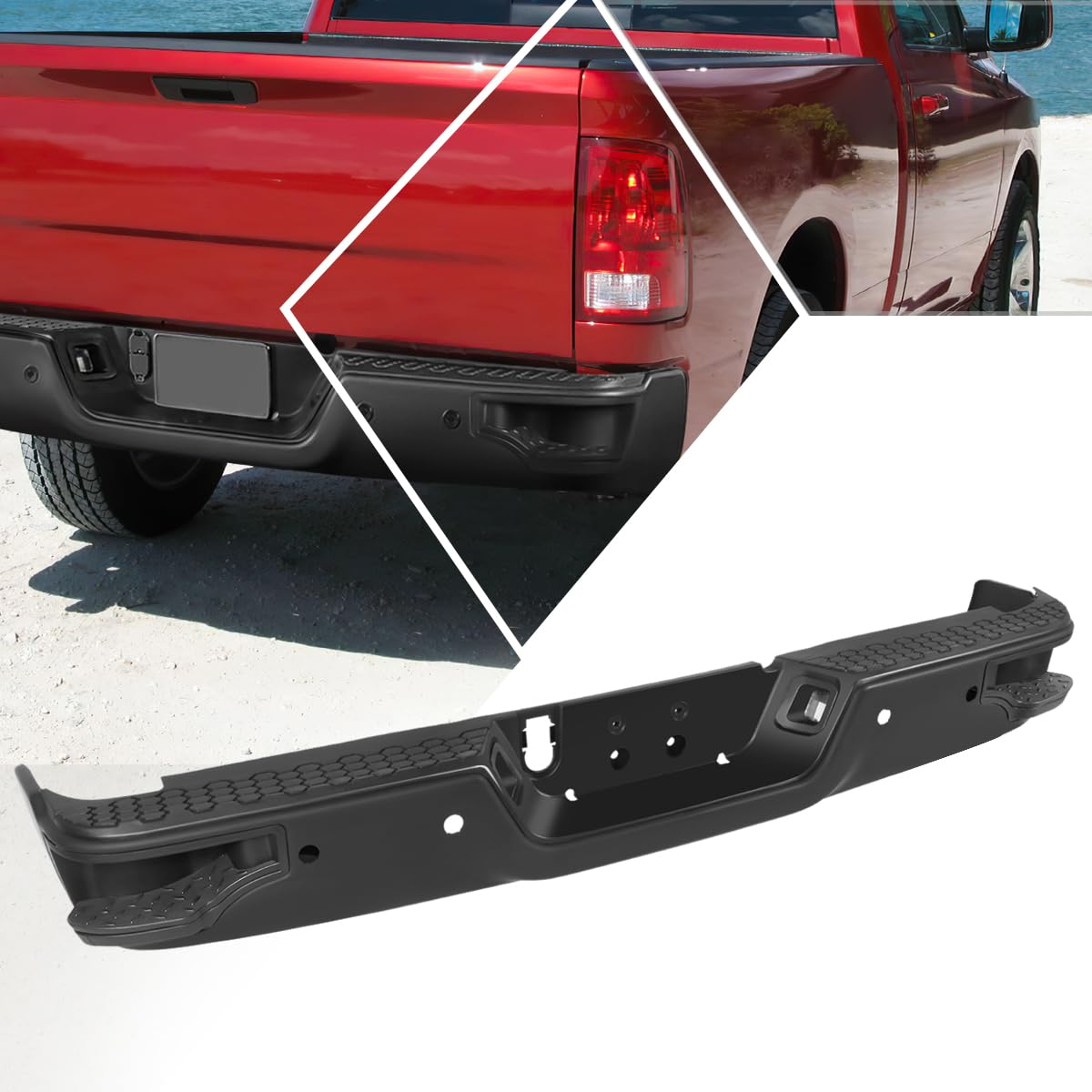 Primered Black Rear Step Bumper with Parking Sensor Holes Compatible with 09-18 Dodge Ram 1500/19-23 Ram 1500 Classic Replacement for CH1103121