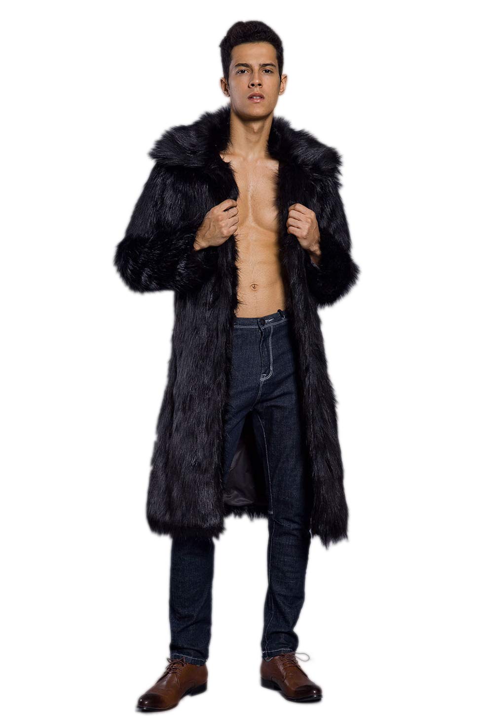 Old DIrdMen's Long Sleeve Fluffy Faux Fur Coat,Mens Winter Warm Faux Fur Overcoat,Long Thicken Soft Jacket Outerwear