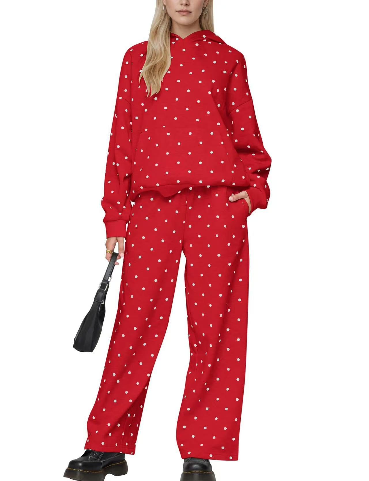 Zestaw dresowy w kropki dla kobiet, dwuczęściowy, dres oversize, bluza z kapturem, spodnie dresowe, zestaw dla nastolatki