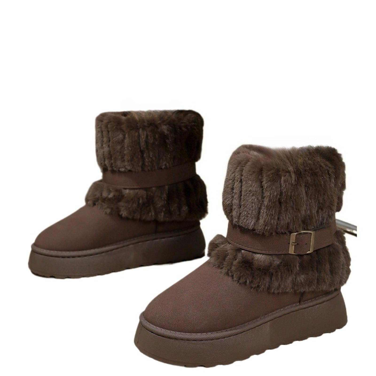 Womens Retro Faux Fur Belted Snow Boots Thick - Soled Non - Slip Winter with Fleece Lining Brown