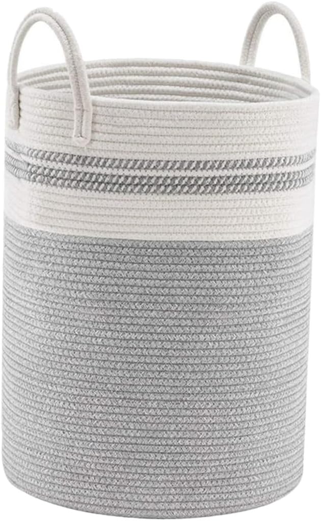 minkissy Woven Cotton Rope Laundry Basket Gray Storage Bin 38x50cm Multipurpose Handcrafted Hamper for Bedroom Nursery and Laundry Room Organization