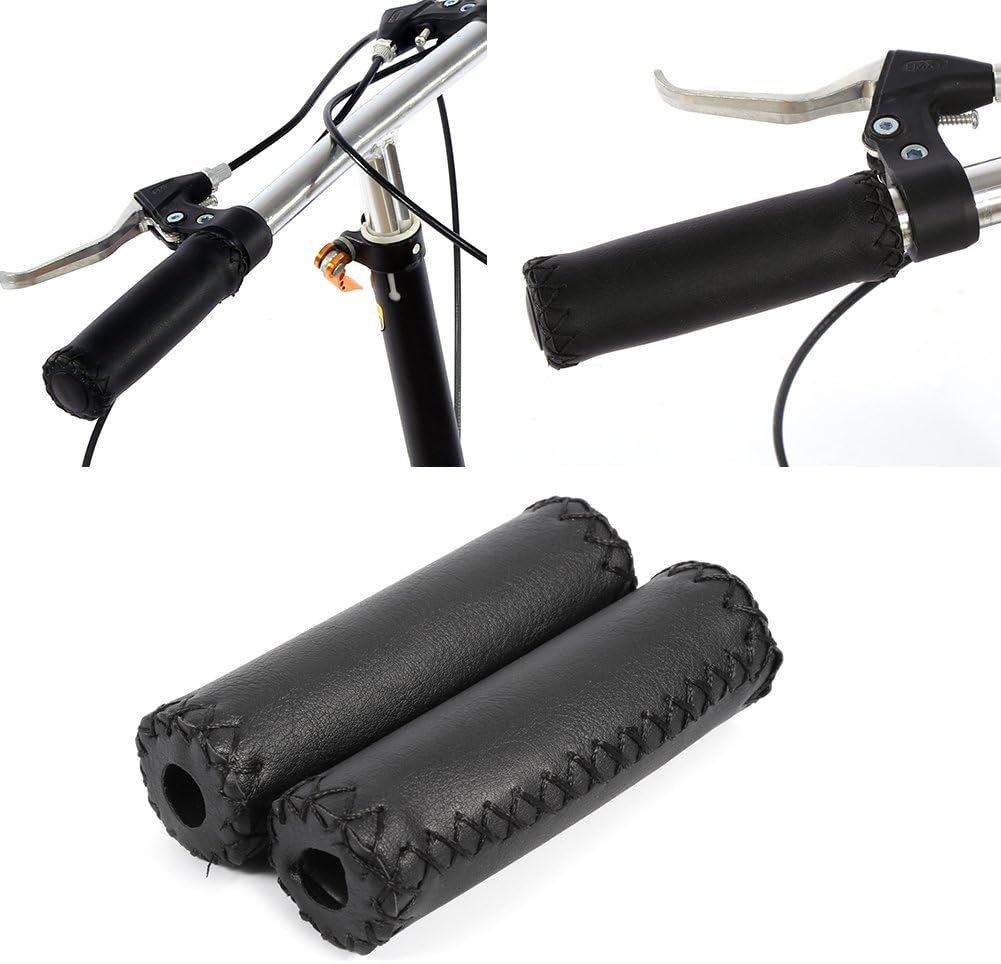 Leather Bicycle Grips Bike Grips Artificial Leather Sewing Push On Handlebar Grips for Mountain Bike Road Bicycle(Black)