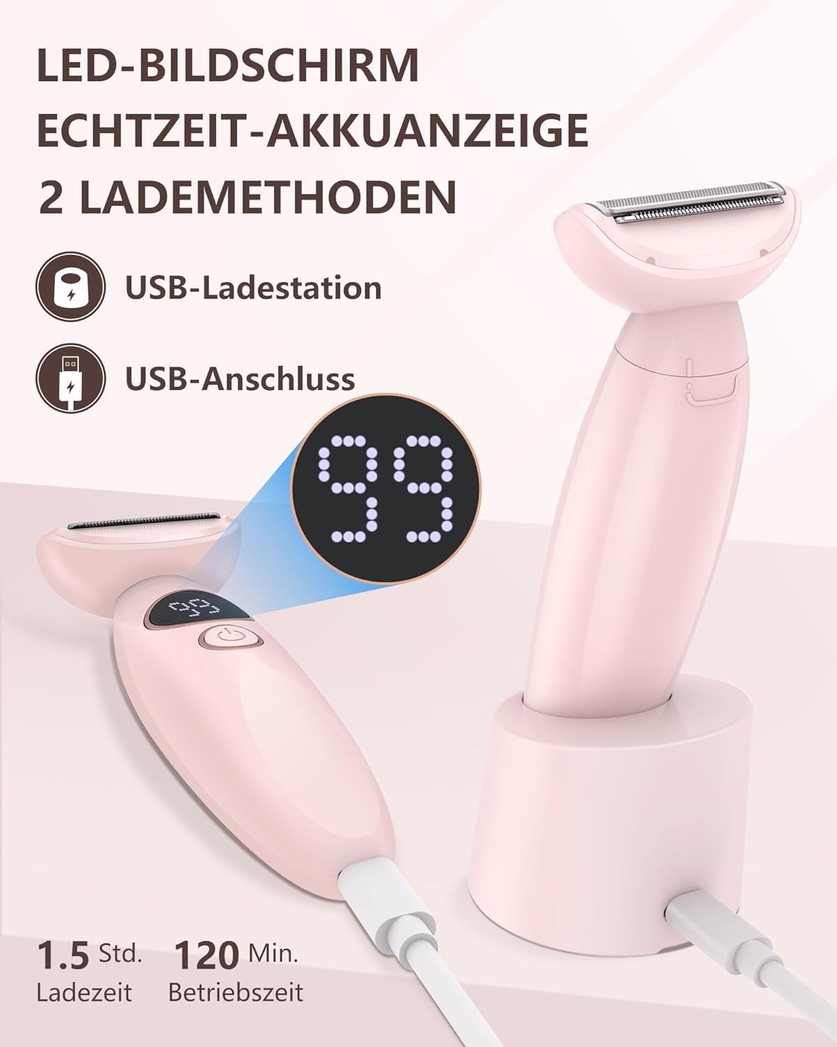 Rasierer Damen,3-In-1 Intimrasierer für Frauen,Gesichtshaarentferner für Frauen,Damenrasierer Elektrisch Nass-Trockenrasierer IPX7 Trimmer Damen,für Bikinizone Achseln Beine,USB-Aufladung,Rosa