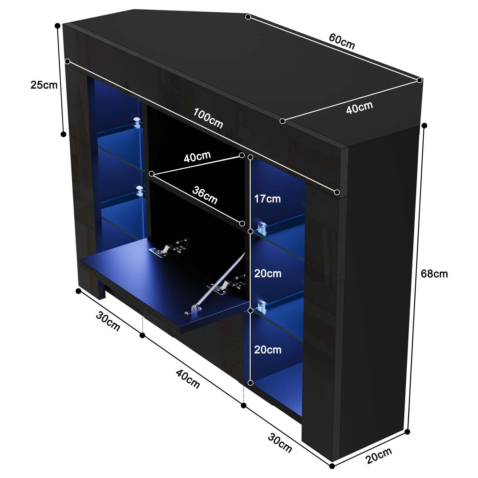 Dripex Mobile TV ad Angolo con Luci LED, Mobile Porta Televisore con Ripiani di Vetro Aperti, 2 Scomparti con Ante 100x68x40 cm, Nero