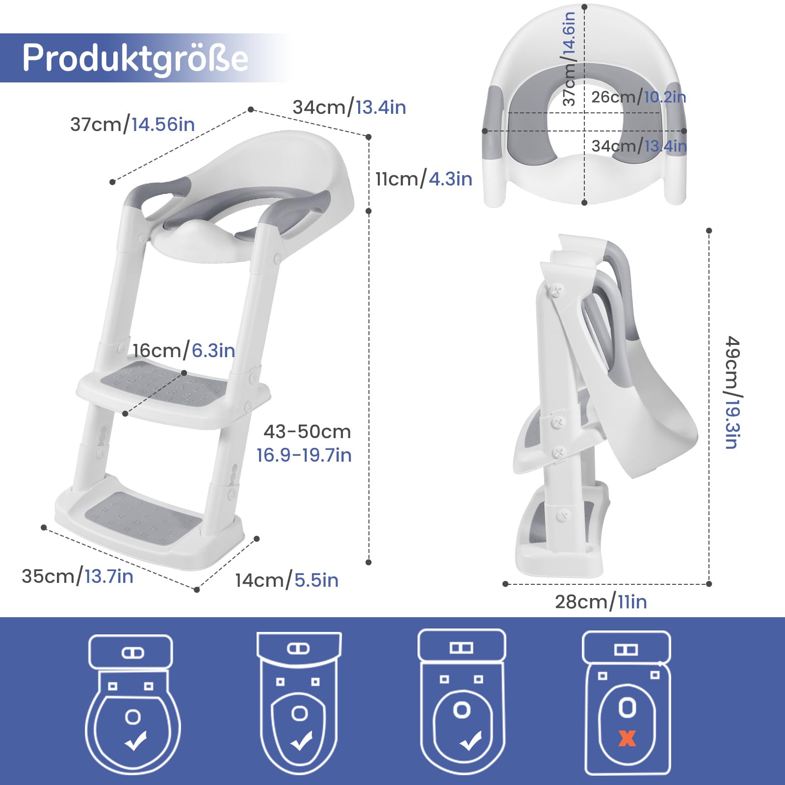 DEANIC Toilettensitz Kinder mit Treppe, Töpfchen mit Leiter,PU Gepolstert, Toilettenaufsatz für Kinder ab 1-7 jahre, Klositz für Kinder 38-47cm (Grau)