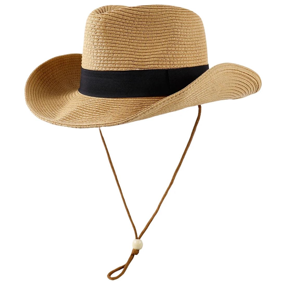 Cappello da donna in paglia occidentale da cowboy pieghevole a tesa larga cappello da sole oversize Fedora Panama, cachi, 7.625