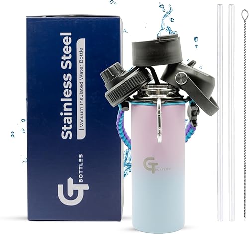 Miniatura 14 de Botella de agua de boca ancha aislada al vacío de acero inoxidable de 25 onzas con 3 tapas y mango de paracaídas para bebidas calientes y frías