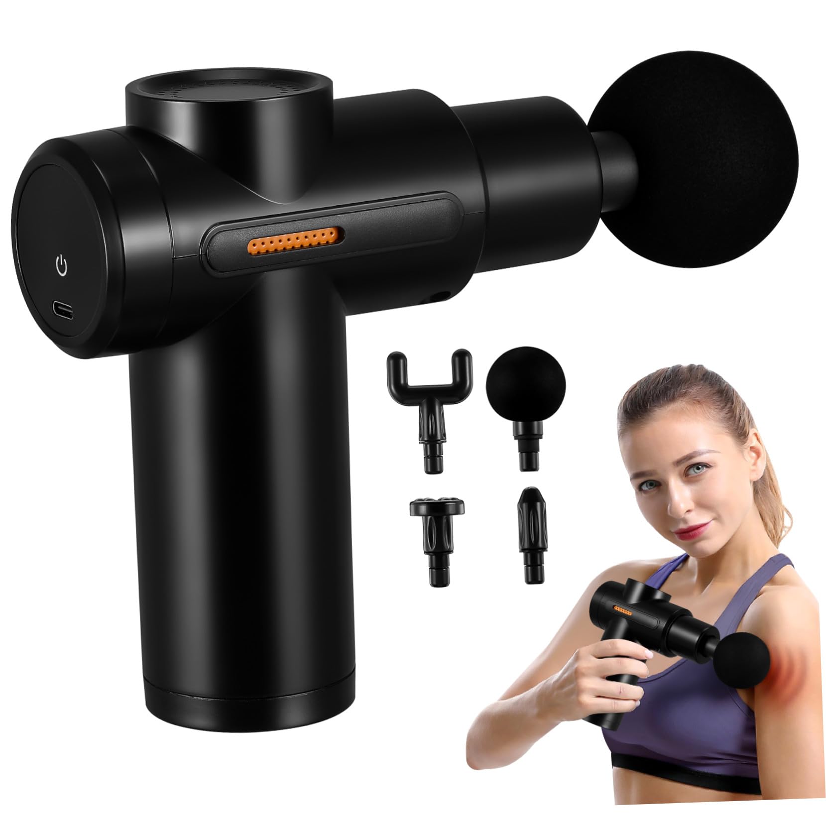 Masajeador de Percusión Portátil Mini con 4 Cabezales Abs Negro | 1800mah 7, 4v, bajo Ruido y Gran Recorrido de Masaje, para Cuello y Músculo