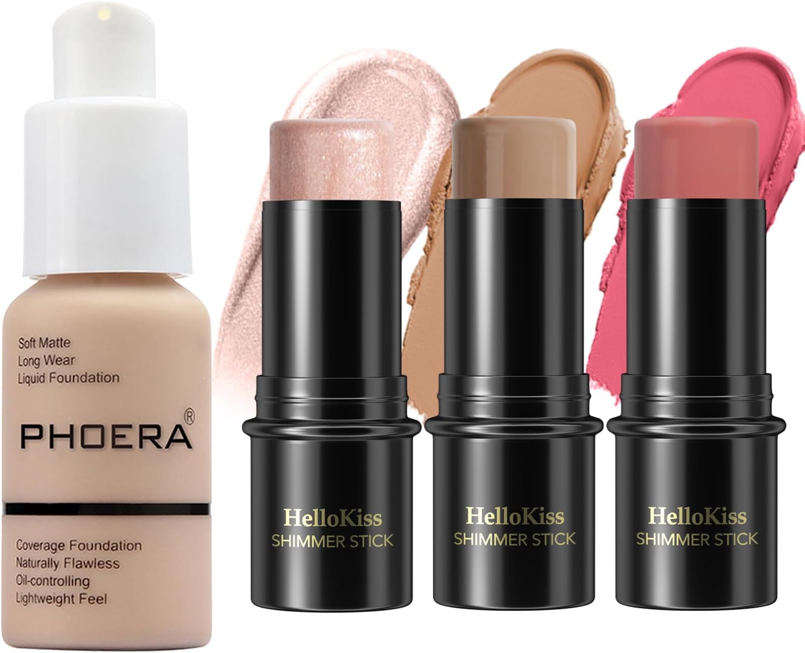 PHOERA Foundation,3 PCS Contour Stick Makeup Kit,Shades with Highlighter Stick,Blush Stick and Bronzer Contour,PHOERA Makeup Wrinkles Matte Natural Finish (102+ Fair-Light Contour/Nude +#03,#09,#12)