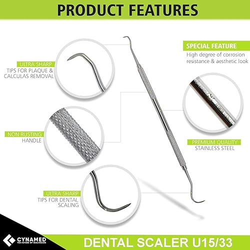 Miniatura 8 de CynaMed Kit de cuidado bucal de herramientas dentales (paquete de 3)  Púa dental de acero inoxidable, raspador de sarro, raspador, pinzas y espejo