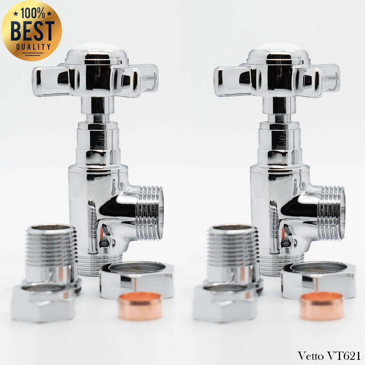 VETTO VT621-M CROSS BT Zawór Kątowy Retro, Chrom, Białe Elementy Porcelanowe, 2szt. Zawór Grzejnikowy 1/2" do Rur Miedzianych 15 mm.