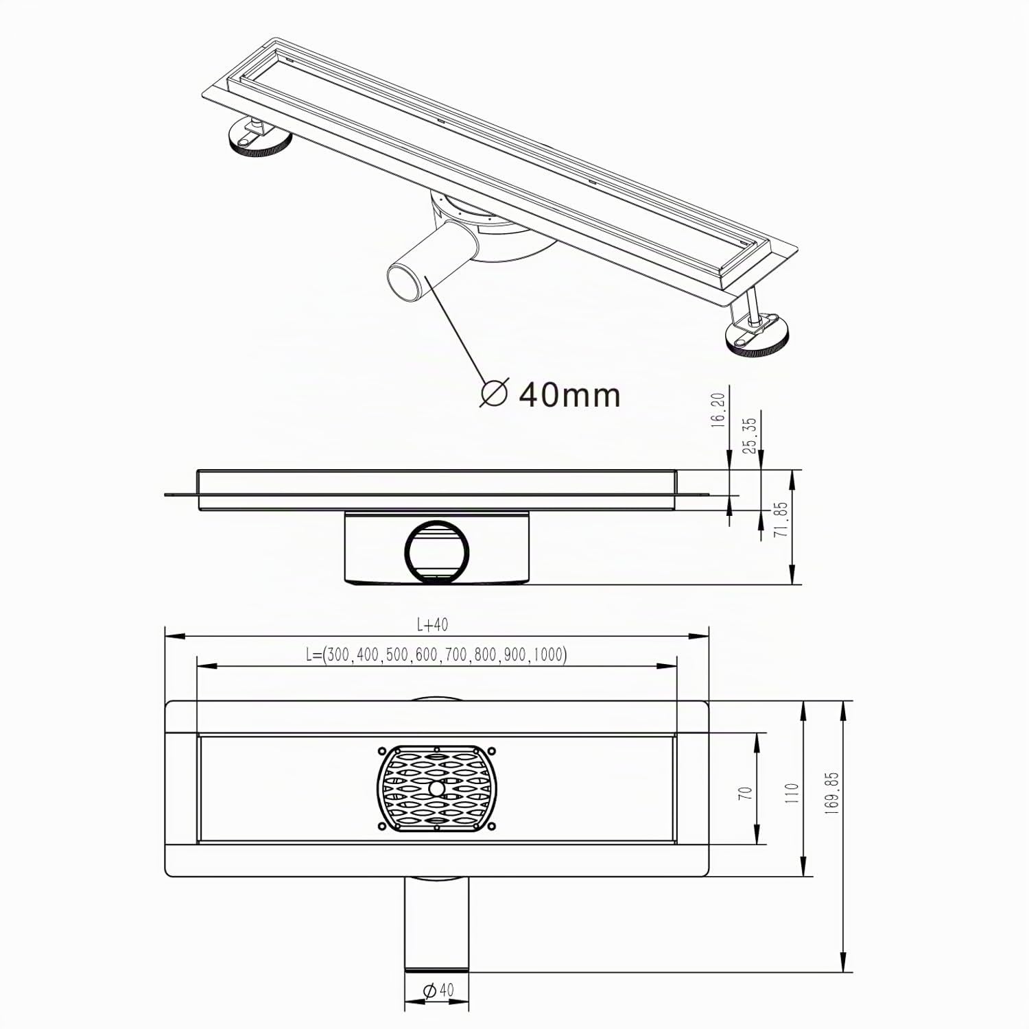 Duschrinne, 50cm,2 in 1,360?,Siphon mit Geruchsstop und Haarsieb Randablauf Befliesbar Edelstahl Ablaufrinne, Bodenablauf, Duschablauf sehr flach, Komplettset mit Bodenbefestigung Schwarz