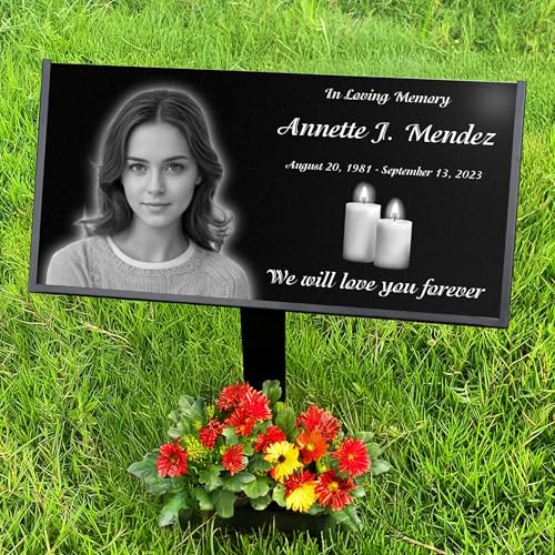 Image of Personalized Headstone with Photo, Memorial Stone, Headstones for Graves, Grave Markers, Black Granite Garden Stone, Memorial Plaques for Outdoor